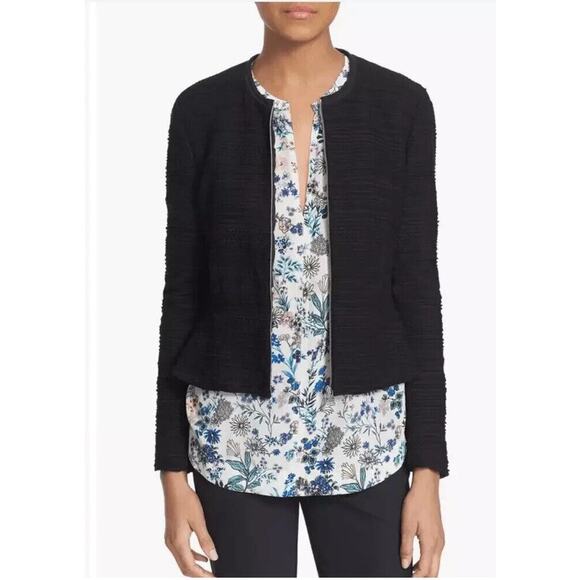 Rebecca Taylor Textured Knit Zipper Front Peplum Hem Womens Jacket 6 Black - Picture 1 of 12